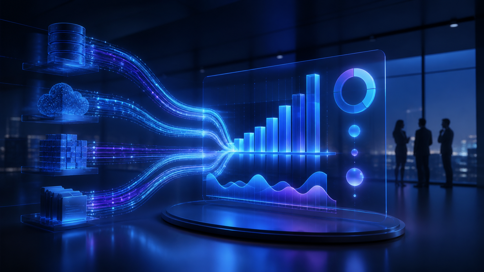 Fluxos de dados empresariais convergindo para indicadores de um projeto de BI